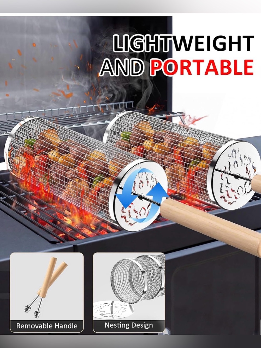 2 Stainless Steel Rotating BBQ Grill Baskets with Removable Wooden Handle